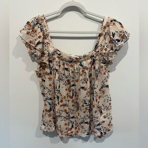 Dear John Cream Sheer Floral Embroidered Blouse with Ruffle Sleeves. Size Large.